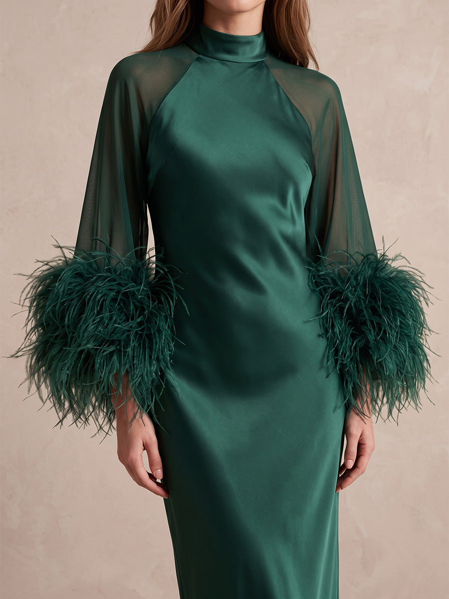 Emerald Green Feather Sheath Midi Satin Tulle Wedding Guest Dresses High Neck Formal Dresses