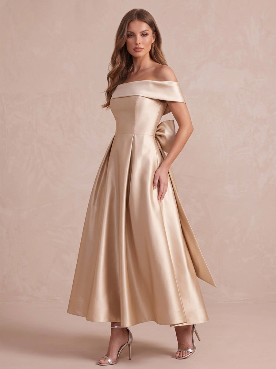 Champagne A Line Ankle Length Satin Wedding Guest Dresses Off Shoulder Cocktail Dresses