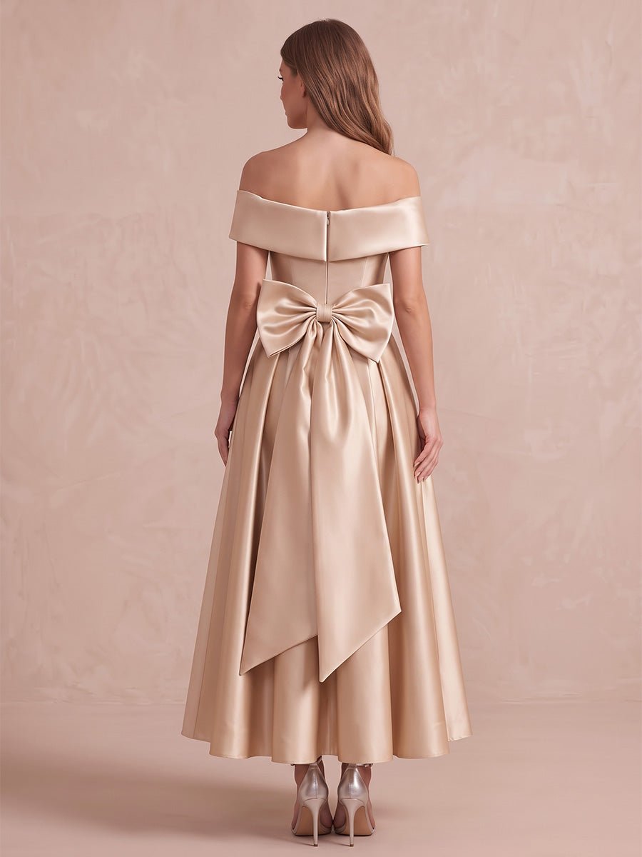 Champagne A Line Ankle Length Satin Wedding Guest Dresses Off Shoulder Cocktail Dresses