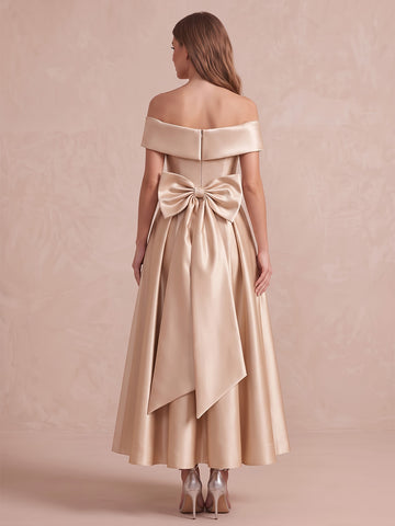 Champagne A Line Ankle Length Satin Wedding Guest Dresses Off Shoulder Cocktail Dresses
