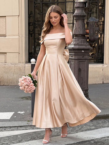 Champagne A Line Ankle Length Satin Wedding Guest Dresses Off Shoulder Cocktail Dresses