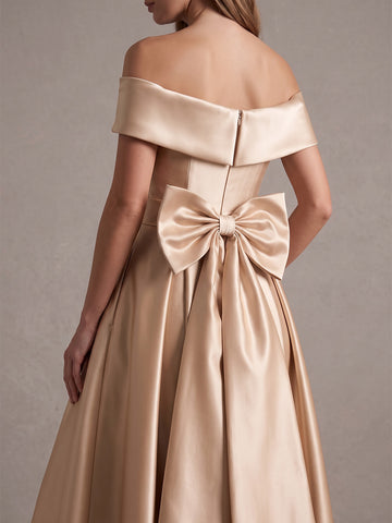 Champagne A Line Ankle Length Satin Wedding Guest Dresses Off Shoulder Cocktail Dresses
