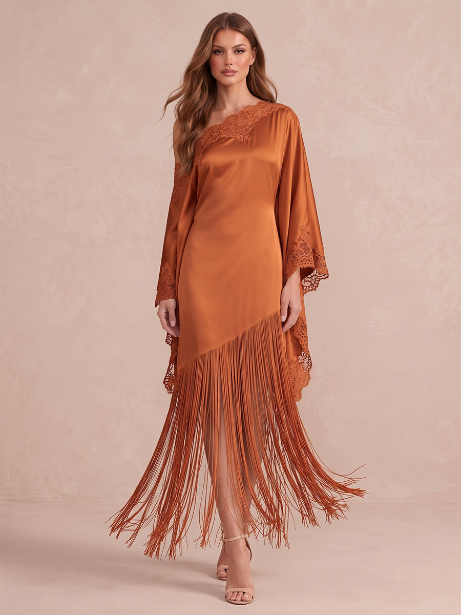 Orange Sheath Midi Satin Lace Wedding Guest Dresses One Shoulder Evening Dresses