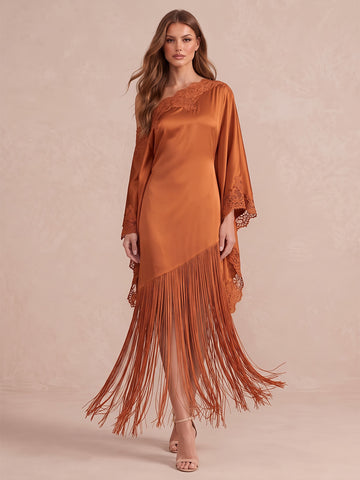 Orange Sheath Midi Satin Lace Wedding Guest Dresses One Shoulder Evening Dresses