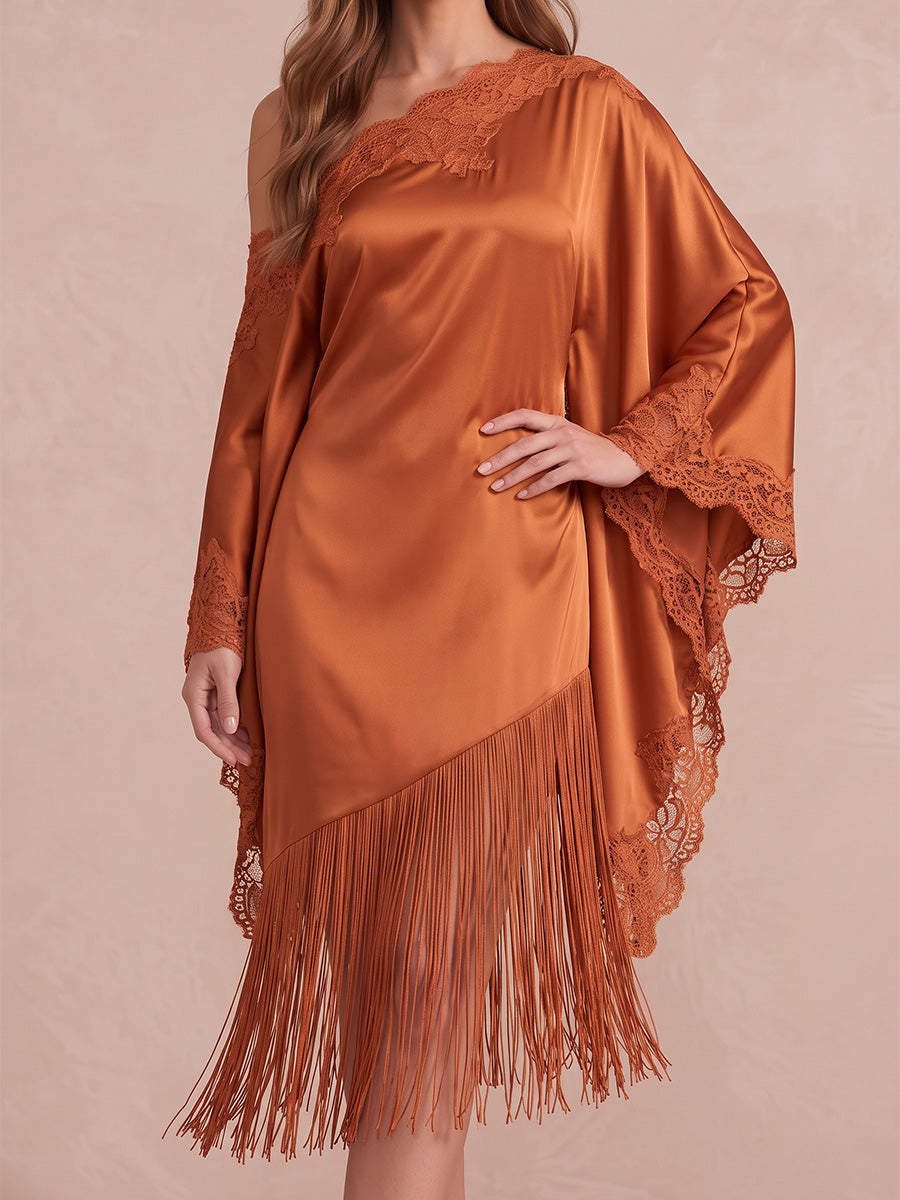 Orange Sheath Midi Satin Lace Wedding Guest Dresses One Shoulder Evening Dresses