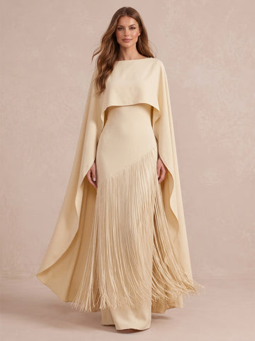 Cream Cape Sheath Maxi Crepe Wedding Guest Dresses Bateau Neck Formal Dresses
