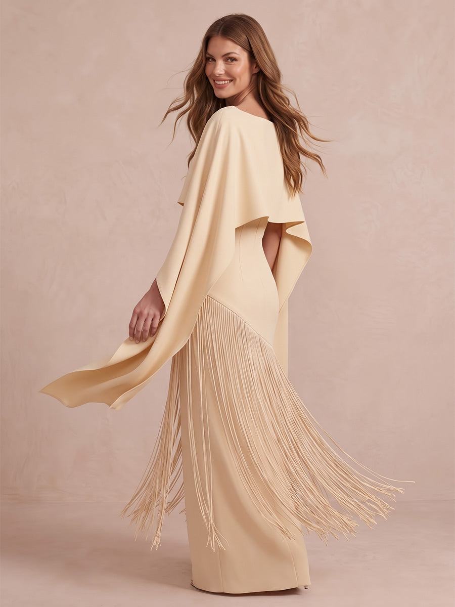 Cream Cape Sheath Maxi Crepe Wedding Guest Dresses Bateau Neck Formal Dresses