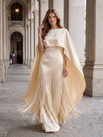 Cream Cape Sheath Maxi Crepe Wedding Guest Dresses Bateau Neck Formal Dresses