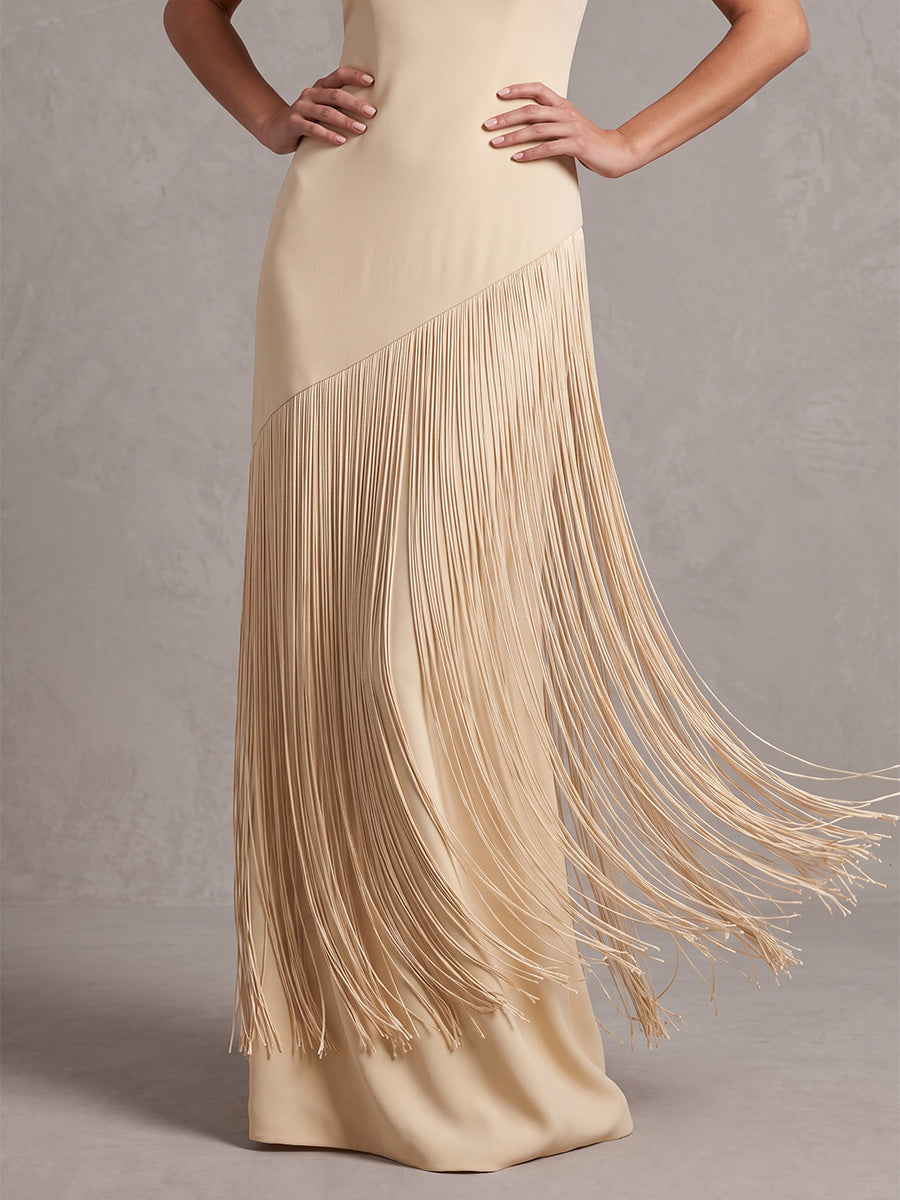 Cream Cape Sheath Maxi Crepe Wedding Guest Dresses Bateau Neck Formal Dresses