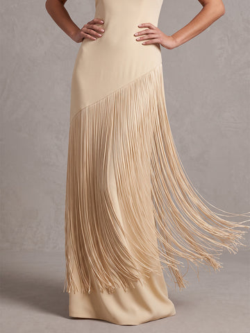 Cream Cape Sheath Maxi Crepe Wedding Guest Dresses Bateau Neck Formal Dresses