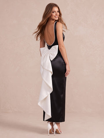 Black Sheath Midi Satin Wedding Guest Dresses Boat Neck Bow Back Formal Dresses
