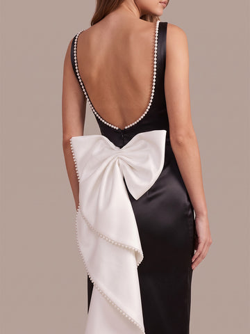 Black Sheath Midi Satin Wedding Guest Dresses Boat Neck Bow Back Formal Dresses