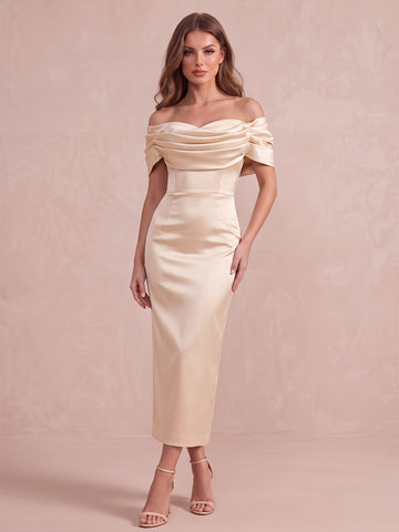 Champagne Sheath Midi Satin Wedding Guest Dresses Off Shoulder Formal Dresses