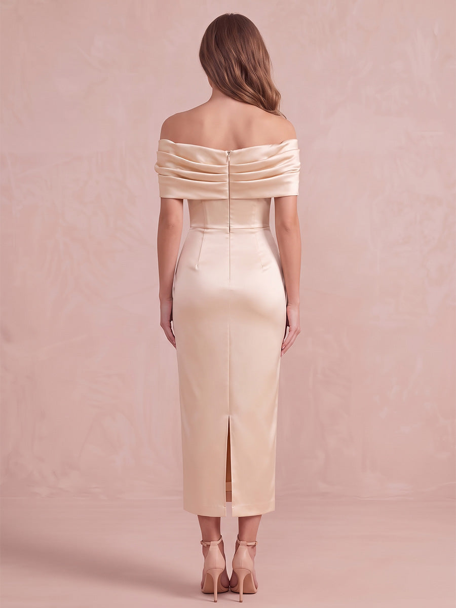 Champagne Sheath Midi Satin Wedding Guest Dresses Off Shoulder Formal Dresses