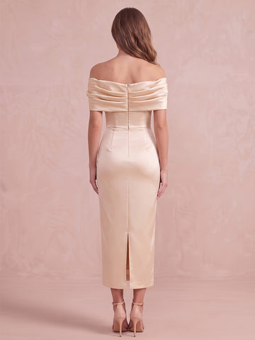 Champagne Sheath Midi Satin Wedding Guest Dresses Off Shoulder Formal Dresses