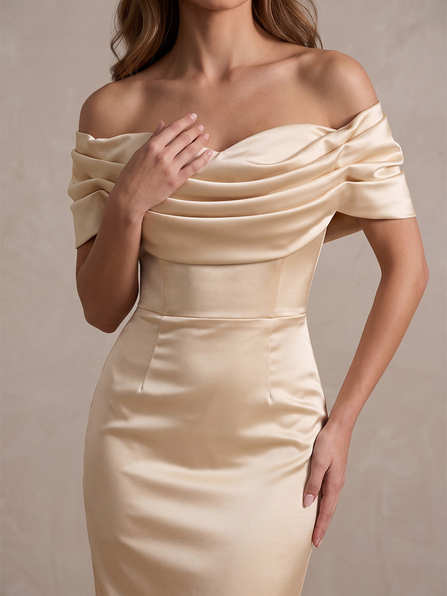Champagne Sheath Midi Satin Wedding Guest Dresses Off Shoulder Formal Dresses