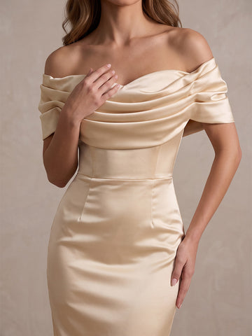 Champagne Sheath Midi Satin Wedding Guest Dresses Off Shoulder Formal Dresses