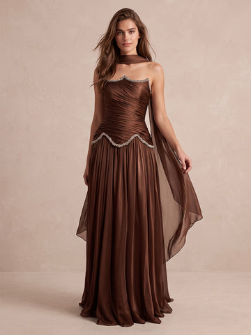 Brown Beaded A Line Maxi Chiffon Wedding Guest Dresses Strapless Ruched Formal Dresses