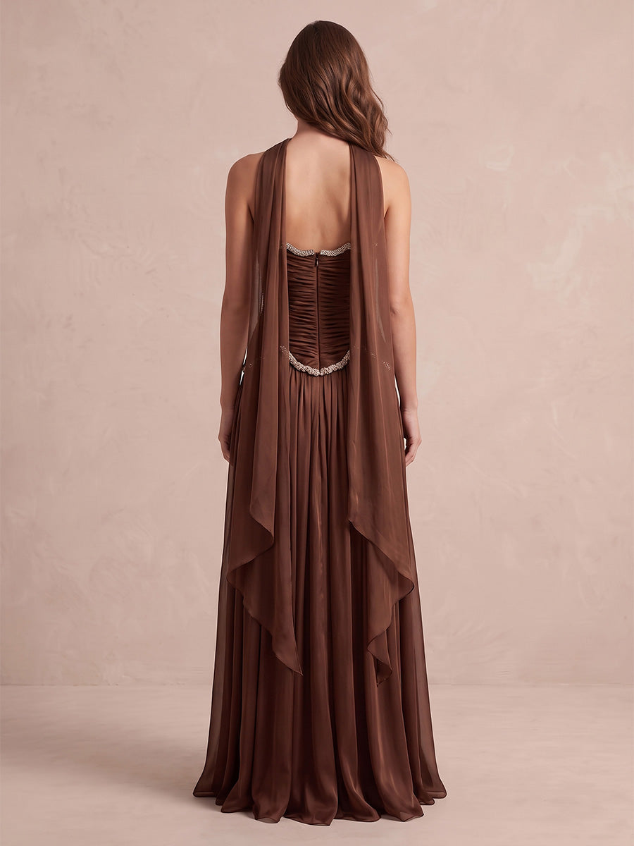 Brown Beaded A Line Maxi Chiffon Wedding Guest Dresses Strapless Ruched Formal Dresses