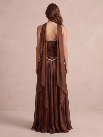 Brown Beaded A Line Maxi Chiffon Wedding Guest Dresses Strapless Ruched Formal Dresses