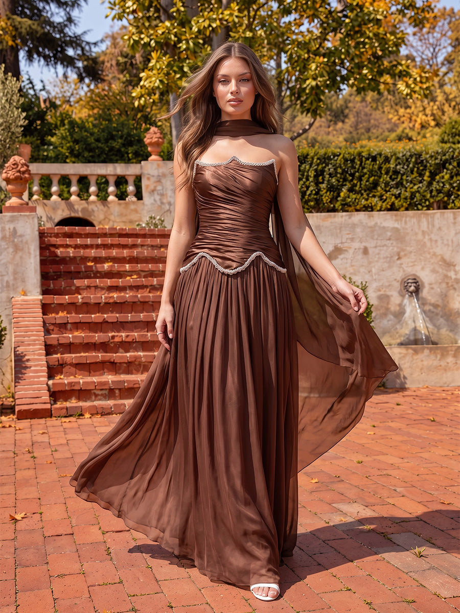 Brown Beaded A Line Maxi Chiffon Wedding Guest Dresses Strapless Ruched Formal Dresses
