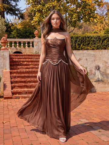 Brown Beaded A Line Maxi Chiffon Wedding Guest Dresses Strapless Ruched Formal Dresses