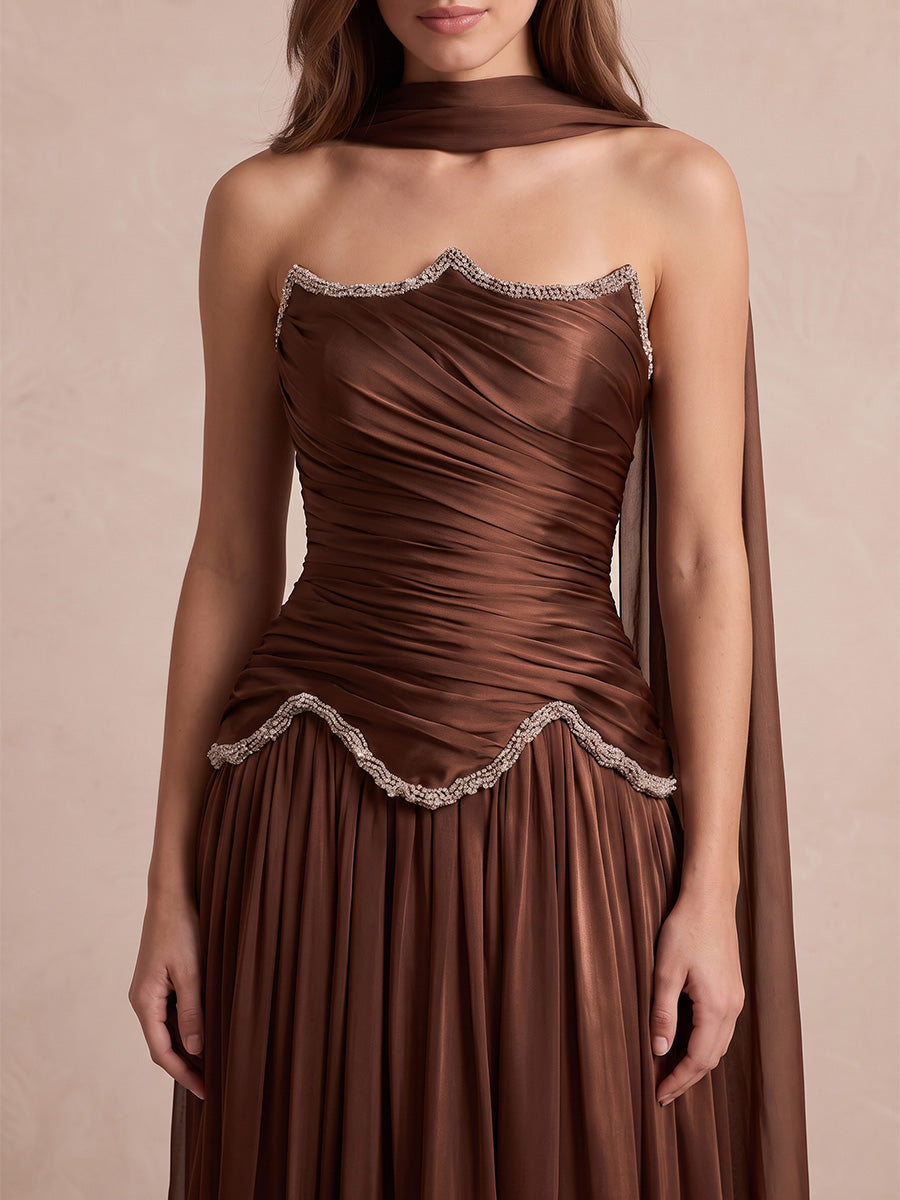 Brown Beaded A Line Maxi Chiffon Wedding Guest Dresses Strapless Ruched Formal Dresses