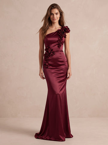 Burgundy 3D Floral Mermaid Satin Long Wedding Guest Dresses One Shoulder Formal Evening Dresses