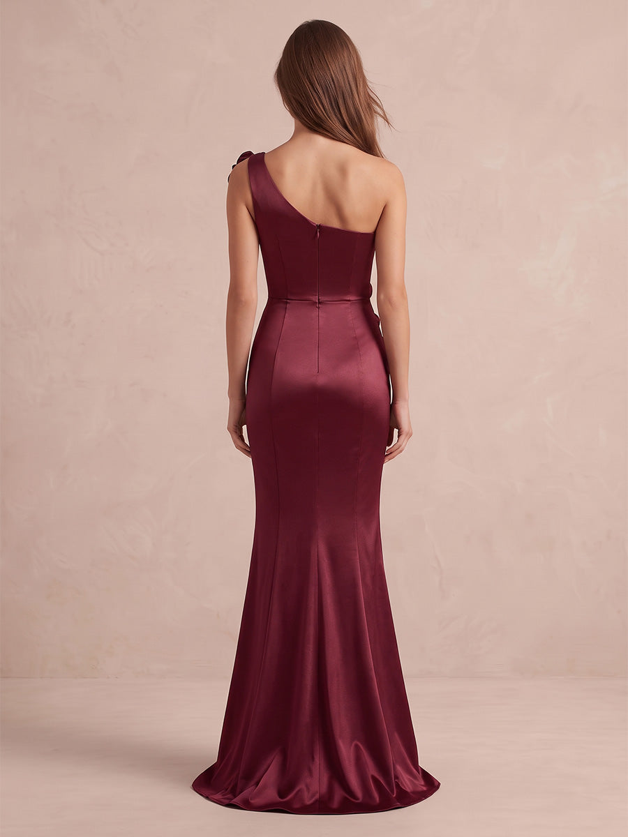Burgundy 3D Floral Mermaid Satin Long Wedding Guest Dresses One Shoulder Formal Evening Dresses