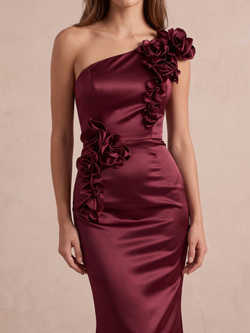 Burgundy 3D Floral Mermaid Satin Long Wedding Guest Dresses One Shoulder Formal Evening Dresses