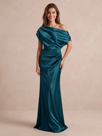Teal Mermaid Satin Wedding Guest Dresses Long Draped Off Shoulder Formal Dresses