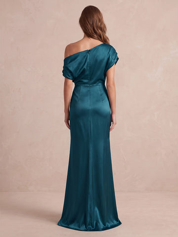 Teal Mermaid Satin Wedding Guest Dresses Long Draped Off Shoulder Formal Dresses
