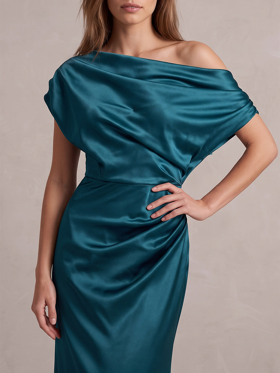 Teal Mermaid Satin Wedding Guest Dresses Long Draped Off Shoulder Formal Dresses