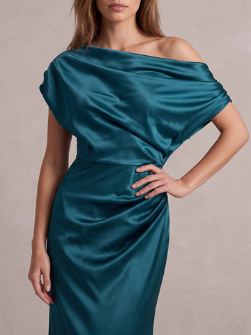 Teal Mermaid Satin Wedding Guest Dresses Long Draped Off Shoulder Formal Dresses