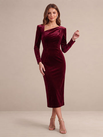 Burgundy Sheath Midi Velvet Wedding Guest Dresses Asymmetrical Neck Cocktail Dresses