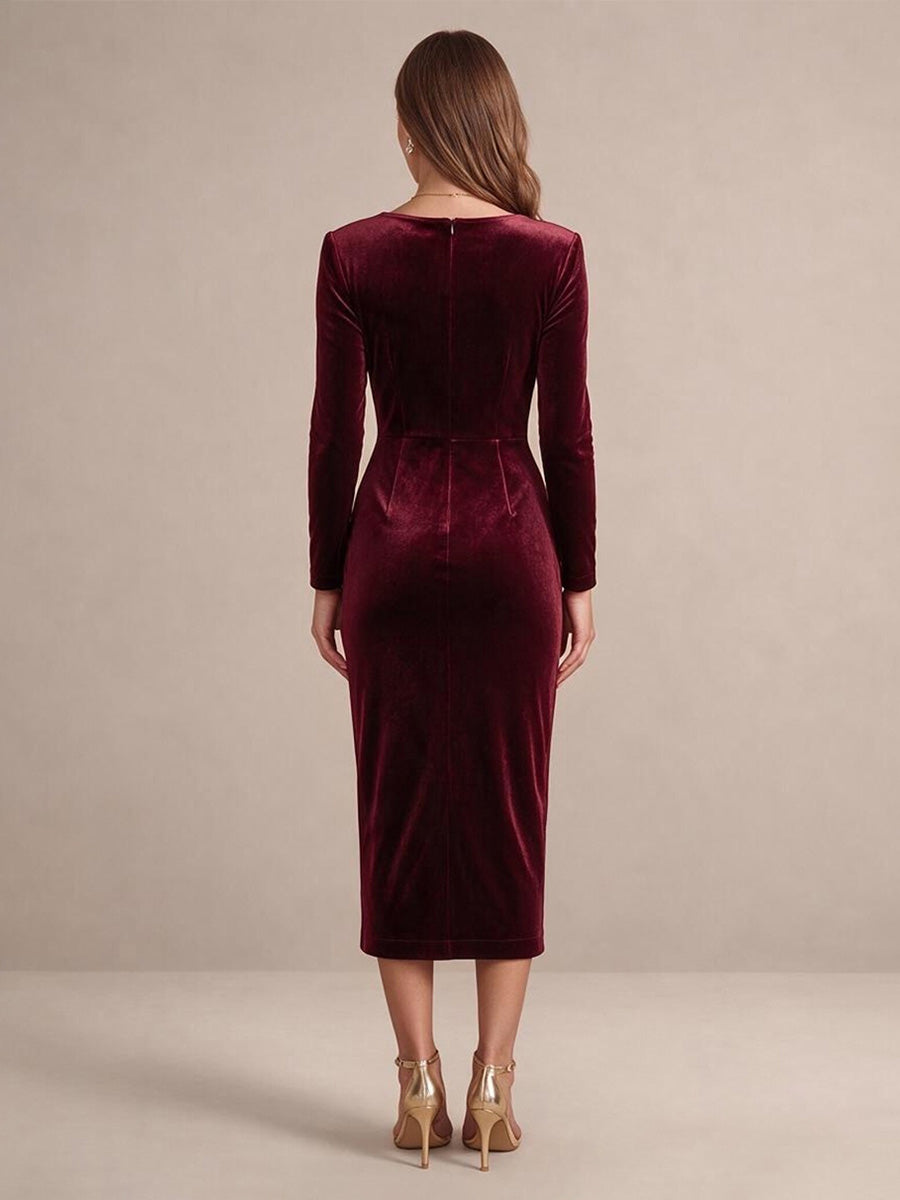 Burgundy Sheath Midi Velvet Wedding Guest Dresses Asymmetrical Neck Cocktail Dresses
