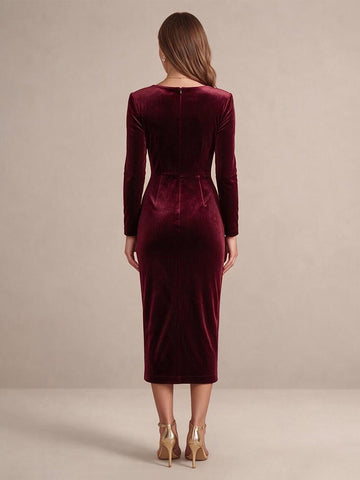 Burgundy Sheath Midi Velvet Wedding Guest Dresses Asymmetrical Neck Cocktail Dresses