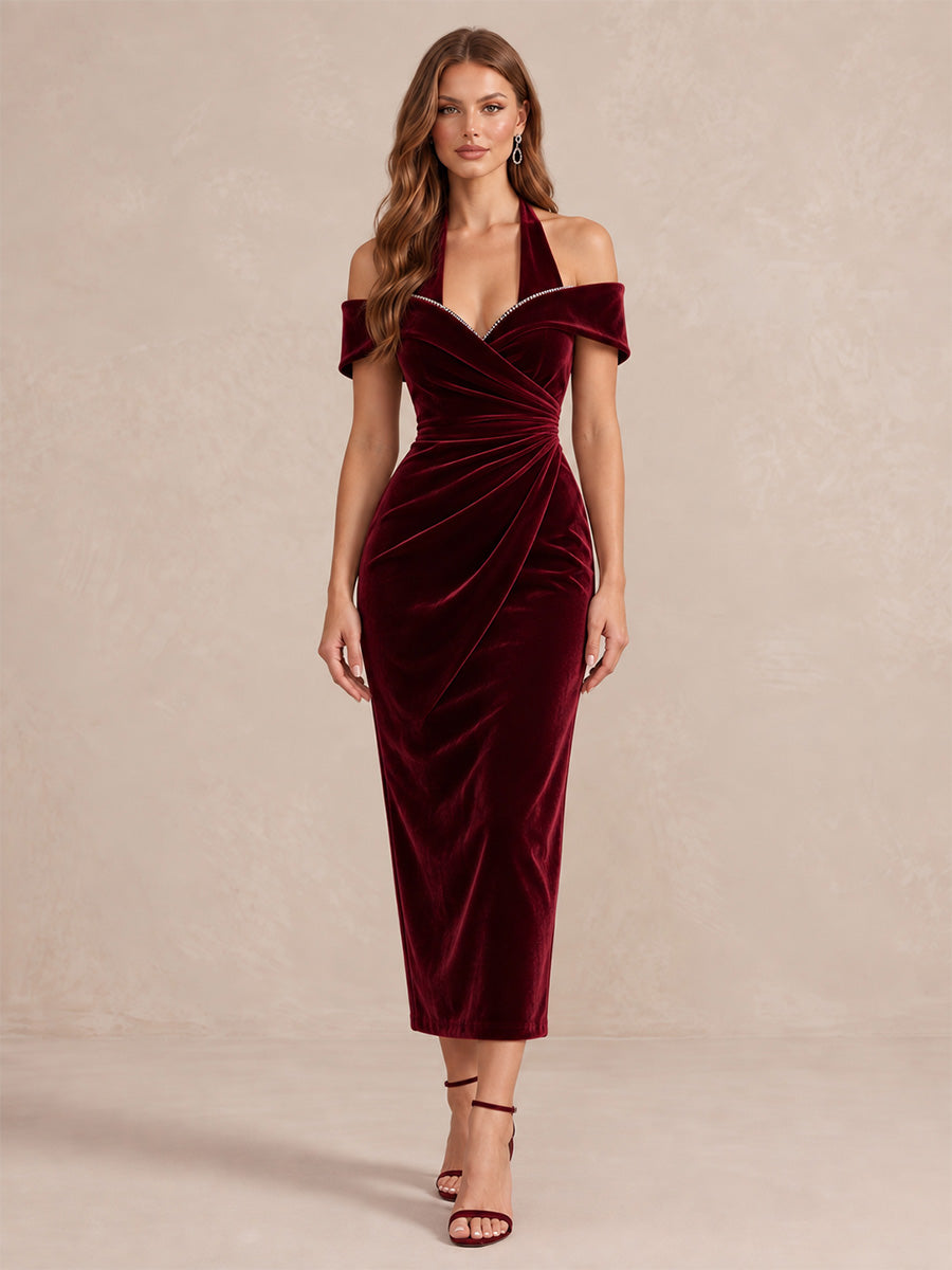 Burgundy Sheath Tea Length Velvet Wedding Guest Dresses Halter Off Shoulder Cocktail Dresses