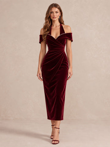 Burgundy Sheath Tea Length Velvet Wedding Guest Dresses Halter Off Shoulder Cocktail Dresses