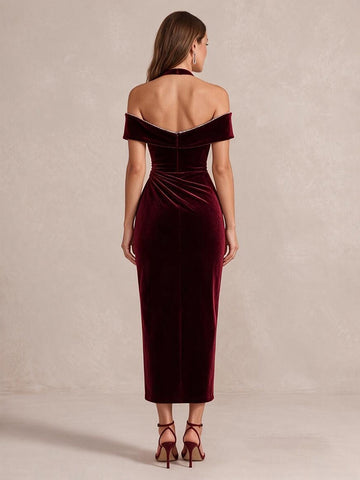 Burgundy Sheath Tea Length Velvet Wedding Guest Dresses Halter Off Shoulder Cocktail Dresses Plus Size