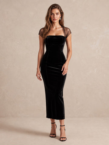 Black Sheath Tea Length Velvet Wedding Guest Dresses Square Neck Cocktail Dresses