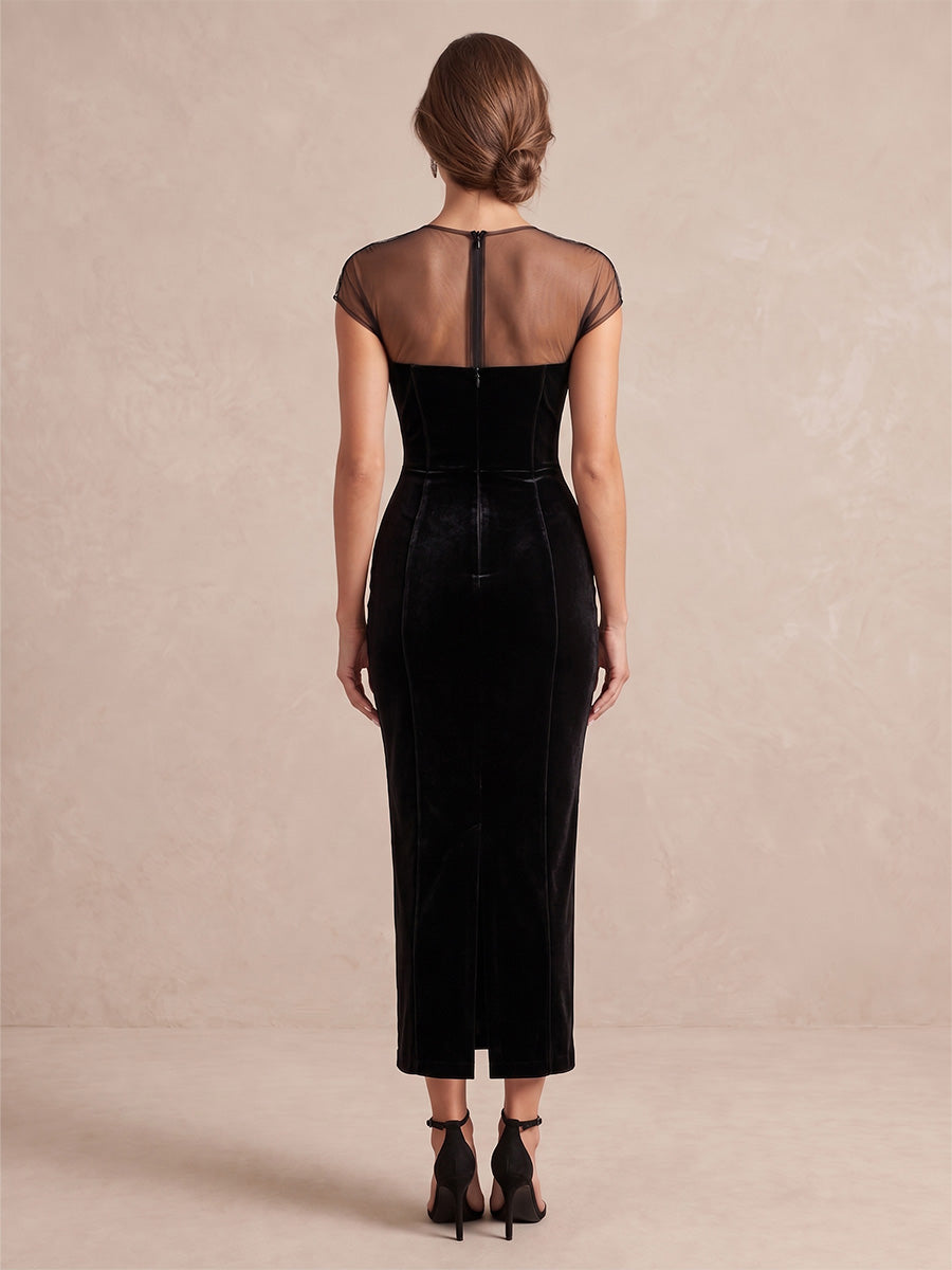 Black Sheath Tea Length Velvet Wedding Guest Dresses Square Neck Cocktail Dresses