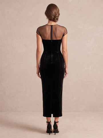 Black Sheath Tea Length Velvet Wedding Guest Dresses Square Neck Cocktail Dresses