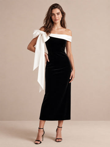 Black Bow Sheath Tea Length Velvet Wedding Guest Dresses Off Shoulder Cocktail Dresses