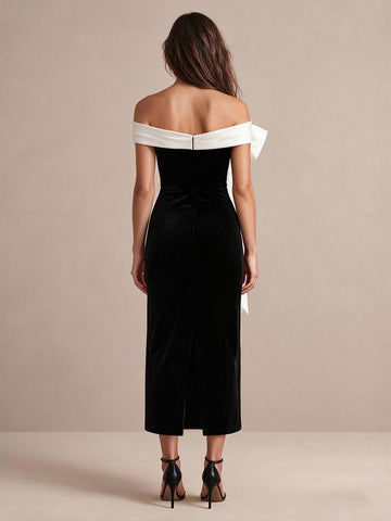 Black Bow Sheath Tea Length Velvet Wedding Guest Dresses Off Shoulder Cocktail Dresses