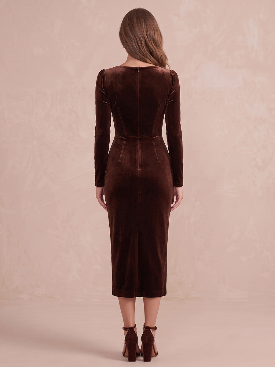 Brown Long Sleeve Sheath Midi Velvet Wedding Guest Dresses Sweetheart Corset Cocktail Dresses