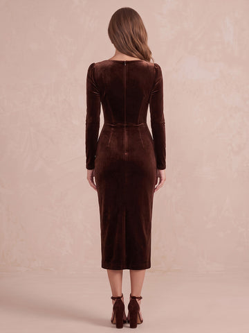 Brown Long Sleeve Sheath Midi Velvet Wedding Guest Dresses Sweetheart Corset Cocktail Dresses