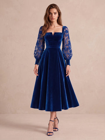 Royal Blue A Line Tea Length Velvet Wedding Guest Dresses Square Neck Cocktail Dresses