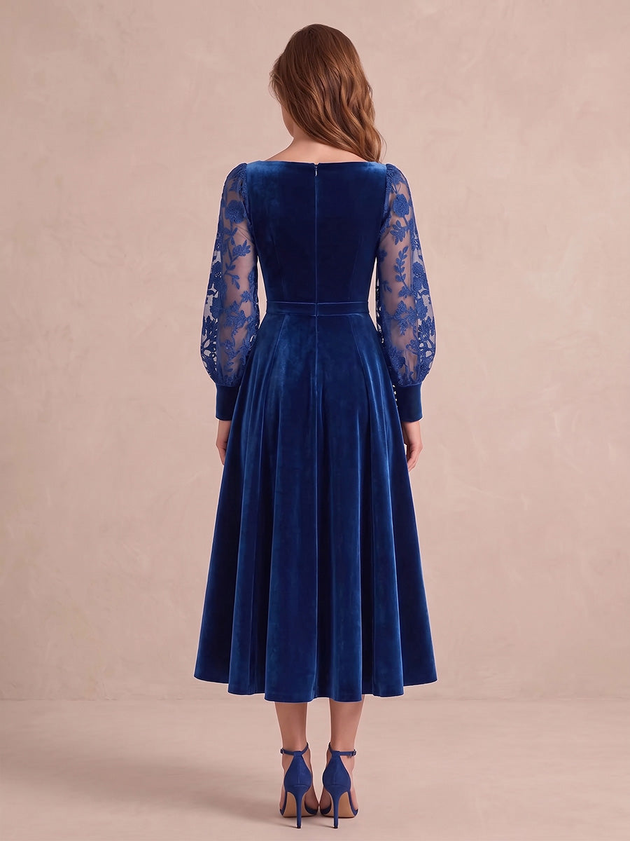 Royal Blue A Line Tea Length Velvet Wedding Guest Dresses Square Neck Cocktail Dresses Plus Size