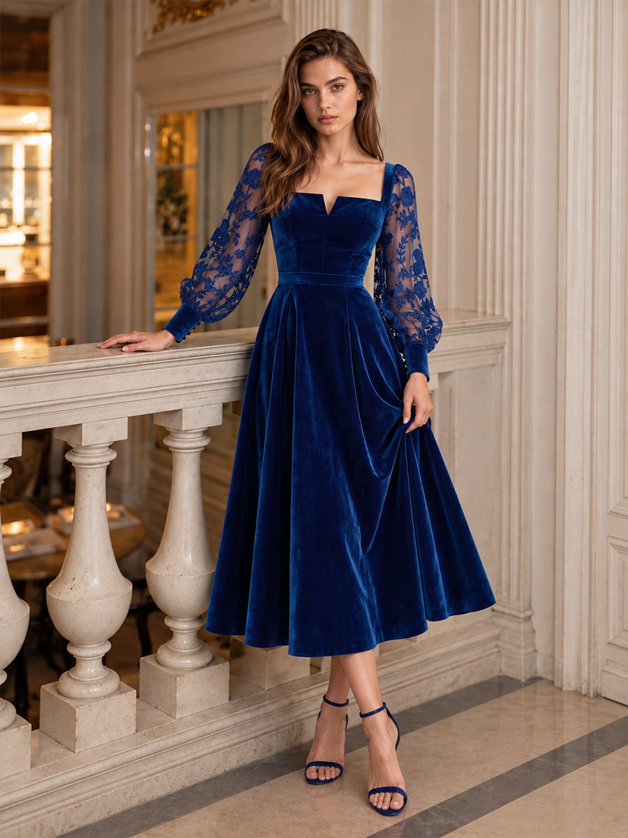 Royal Blue A Line Tea Length Velvet Wedding Guest Dresses Square Neck Cocktail Dresses Plus Size